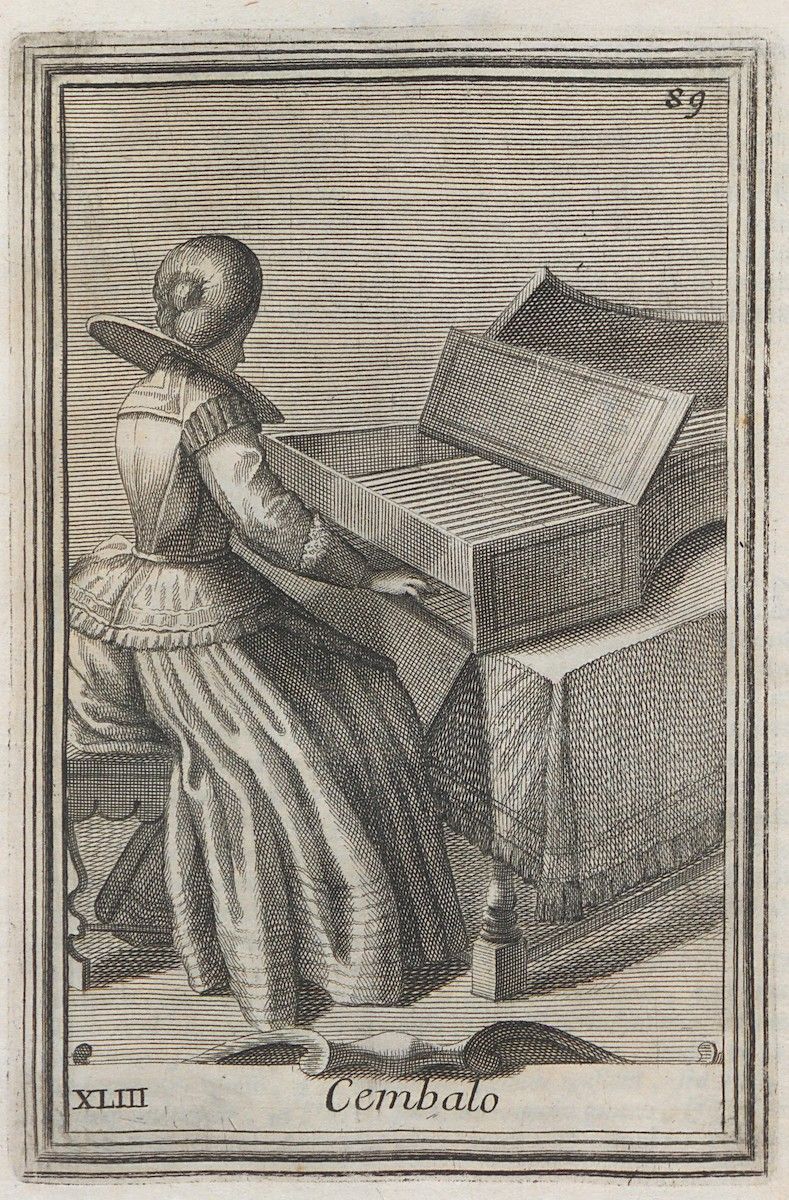 Engraving of a person playing a harpsichord.