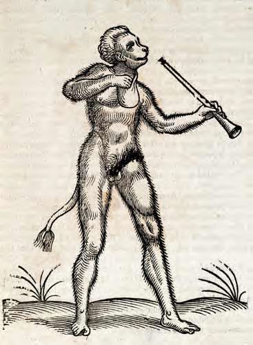A woodcut illustration of a monkey-like humanoid figure holding a long gun.