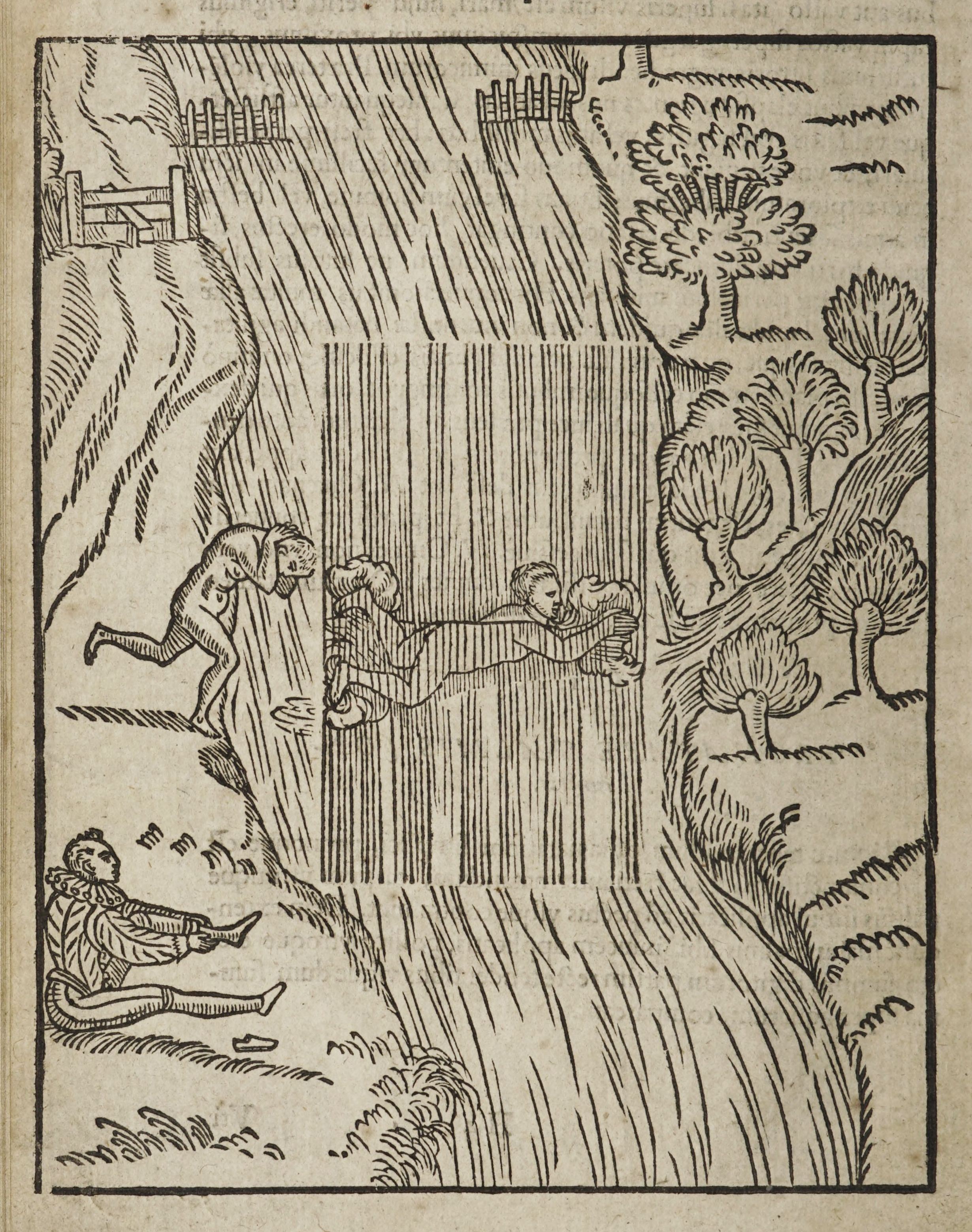 A black and white woodcut illustration depicting a scene with several figures in a rural landscape.