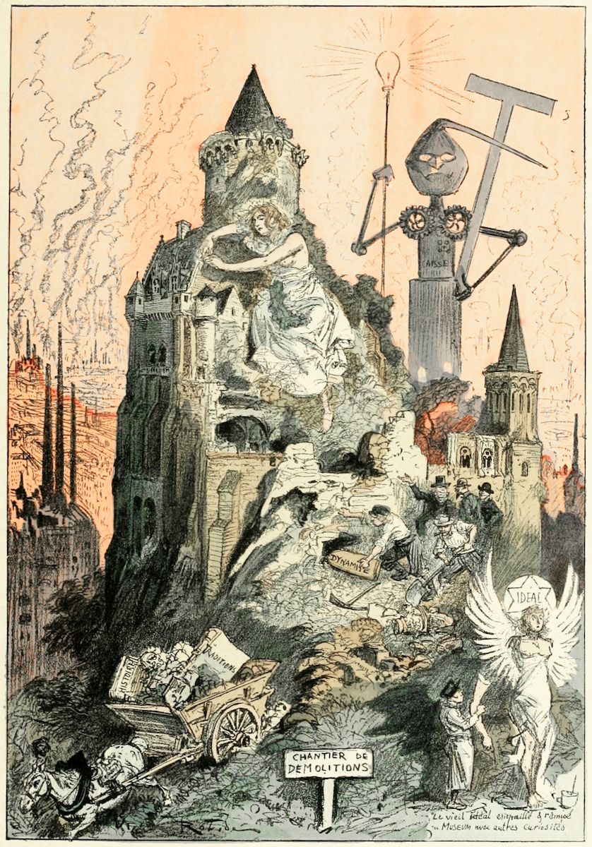 A detailed black and white illustration depicting a chaotic demolition site with a crumbling castle, mechanical figures, and symbolic elements.