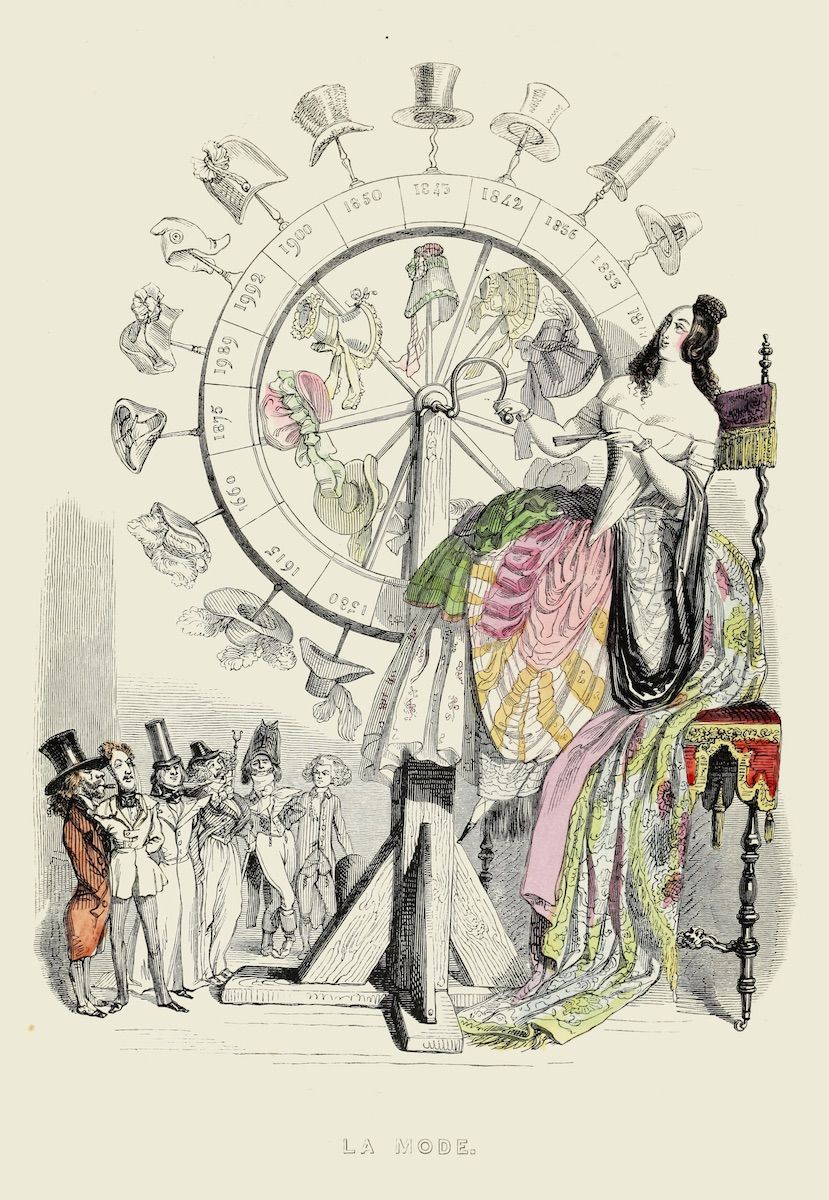 Vintage engraving titled "La Mode" (Fashion) depicting a Ferris wheel-like structure representing the changing trends in women's fashion over time.