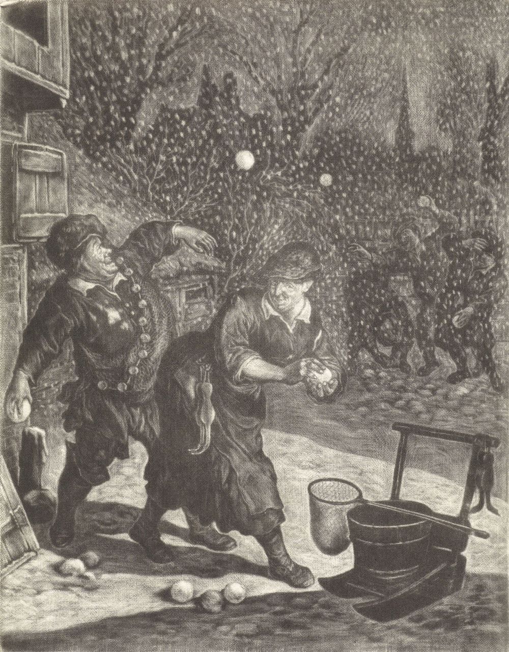 A black and white engraving depicting three boys in a garden, gathering fruit.
