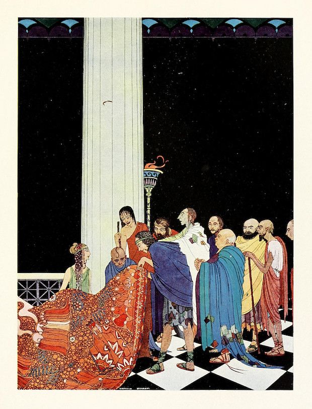 A vintage illustration of a regal woman being attended to by a group of men in a classical setting.