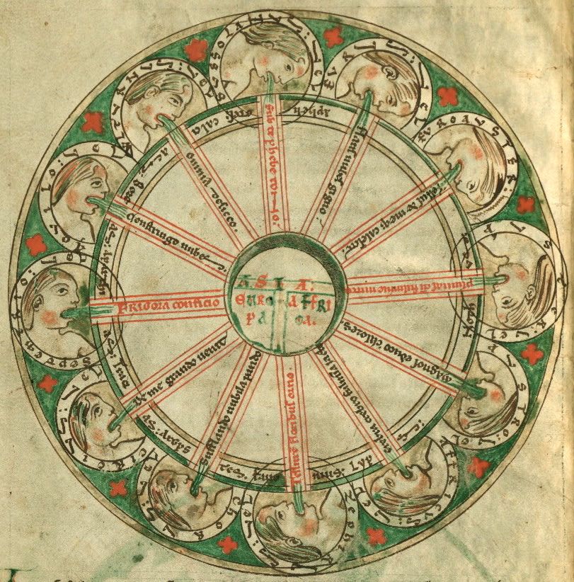 A circular diagram from a medieval manuscript, featuring radiating lines, text, and stylized heads, likely related to astrology or alchemy.