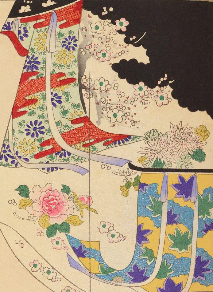 A vintage Japanese woodblock print or painting depicting a woman in a highly ornate kimono with a complex floral pattern.