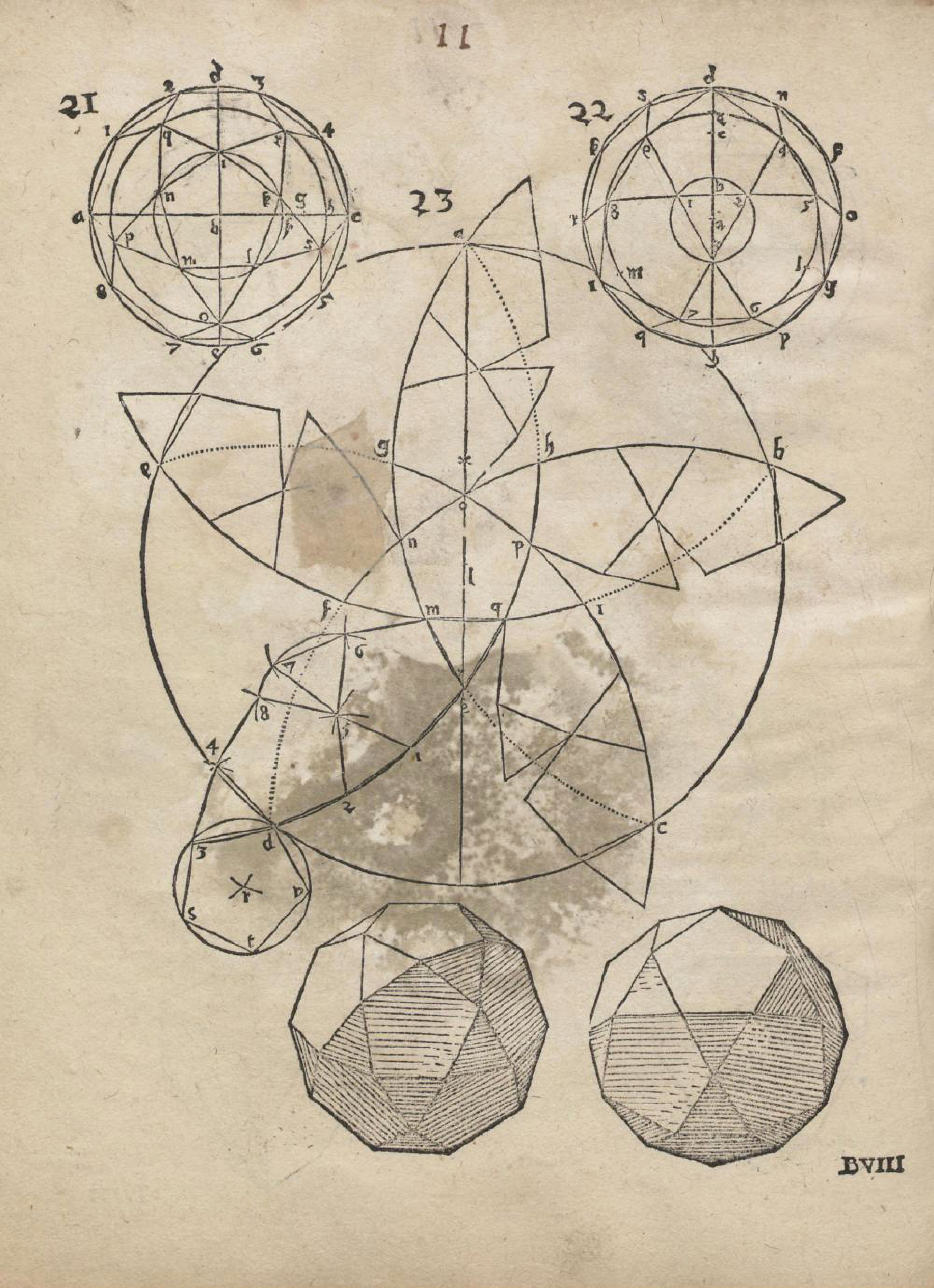 A vintage illustration of a complex geometric diagram with interconnected circles, polygons, and lines, along with depictions of polyhedra at the bottom.