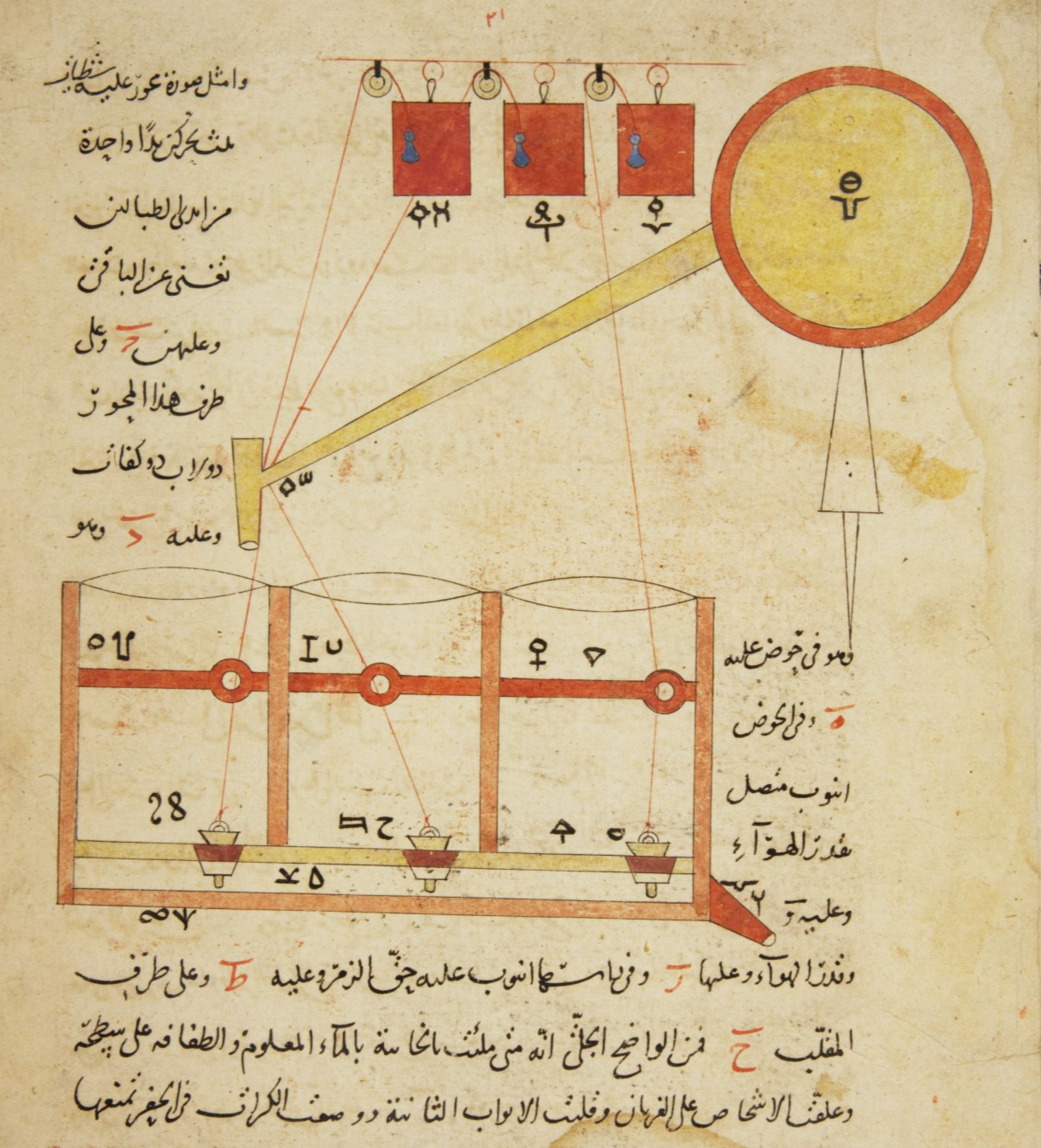 Antique scientific diagram with Arabic text and light rays.