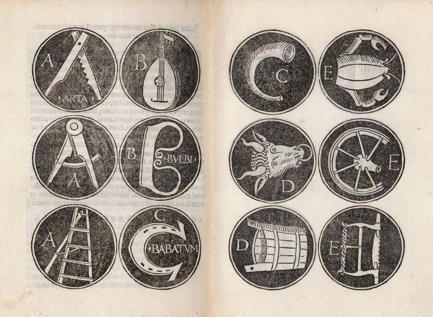 A black and white drawing of twelve circular medallions, each containing a different design, arranged in a 3x4 grid.