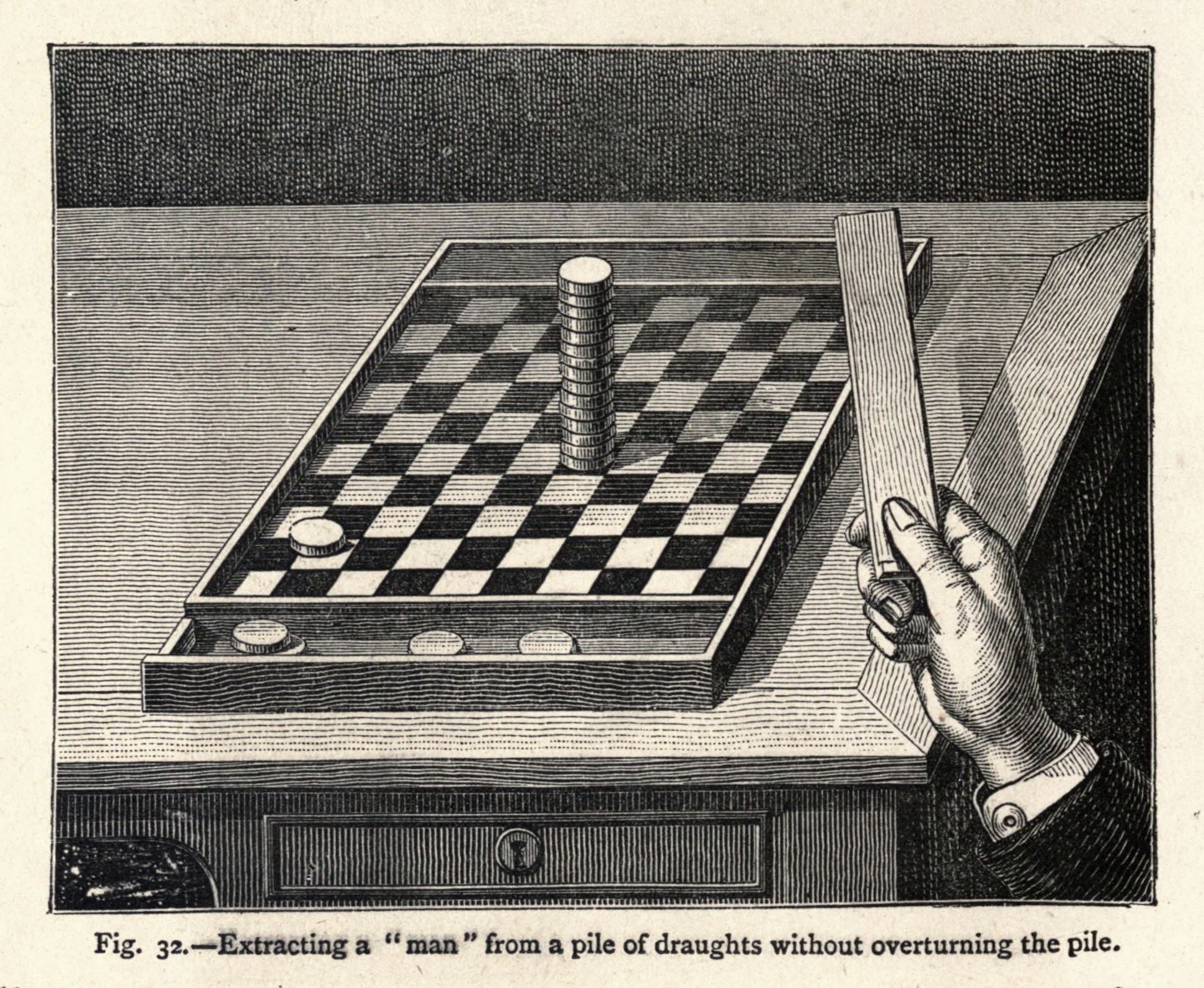 Vintage illustration of a hand extracting a draughts piece from a stack on a checkered board.