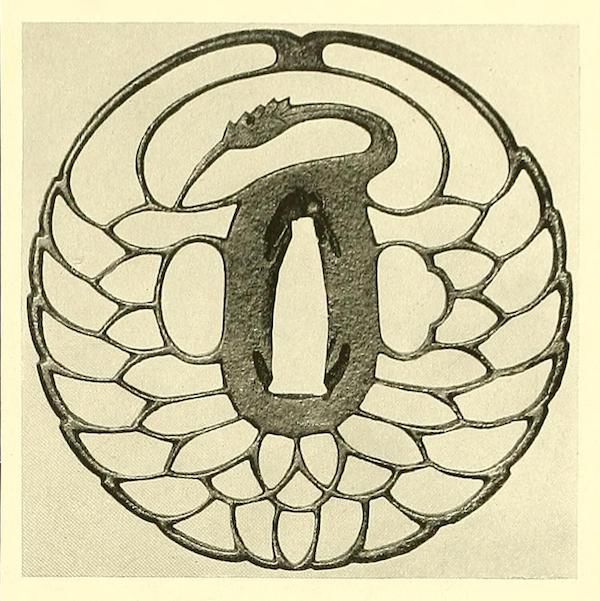 A detailed illustration of a Japanese tsuba featuring a dragon and floral pattern.