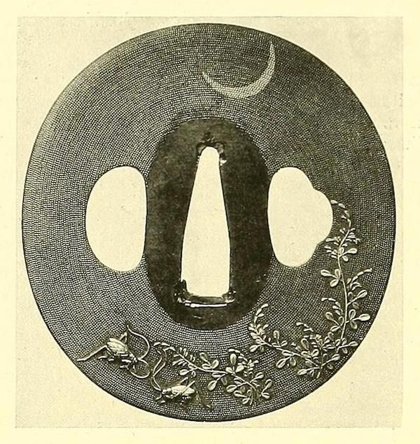 Detailed illustration of a Japanese tsuba with a crescent moon, plant, and crickets.