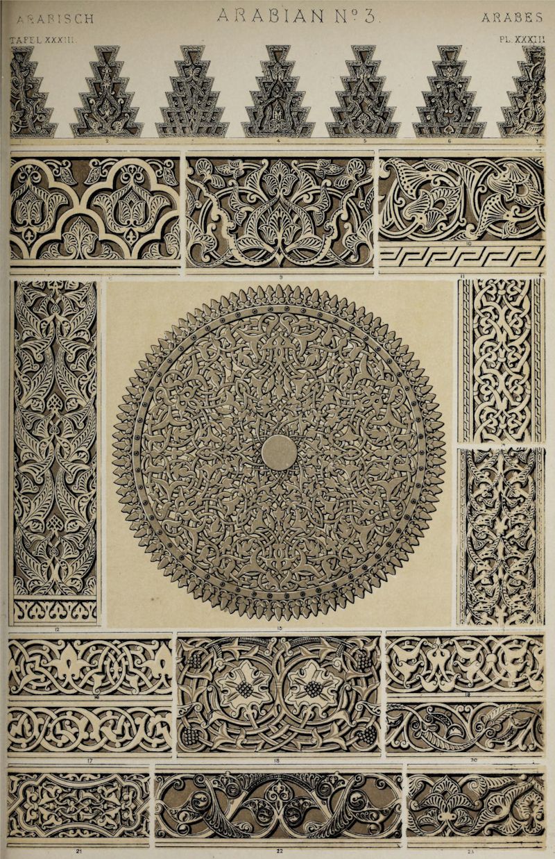 A vintage illustration of Arabian designs, featuring intricate geometric and floral patterns in black and white. The designs are arranged in a grid-like format, with a large circular design in the center. The page is labeled with text at the top and bottom.