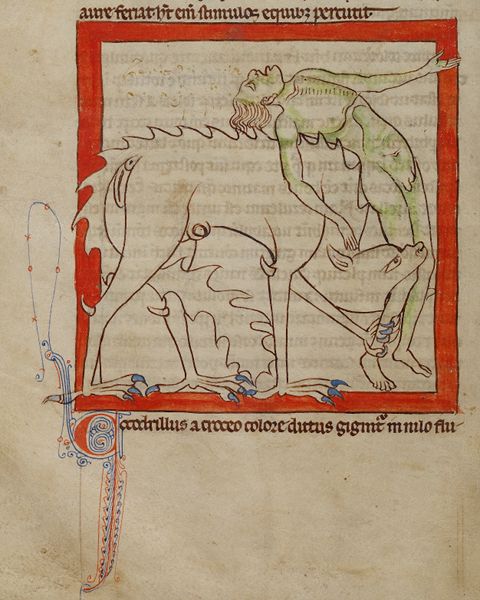 Medieval manuscript illumination of a man battling a dragon.