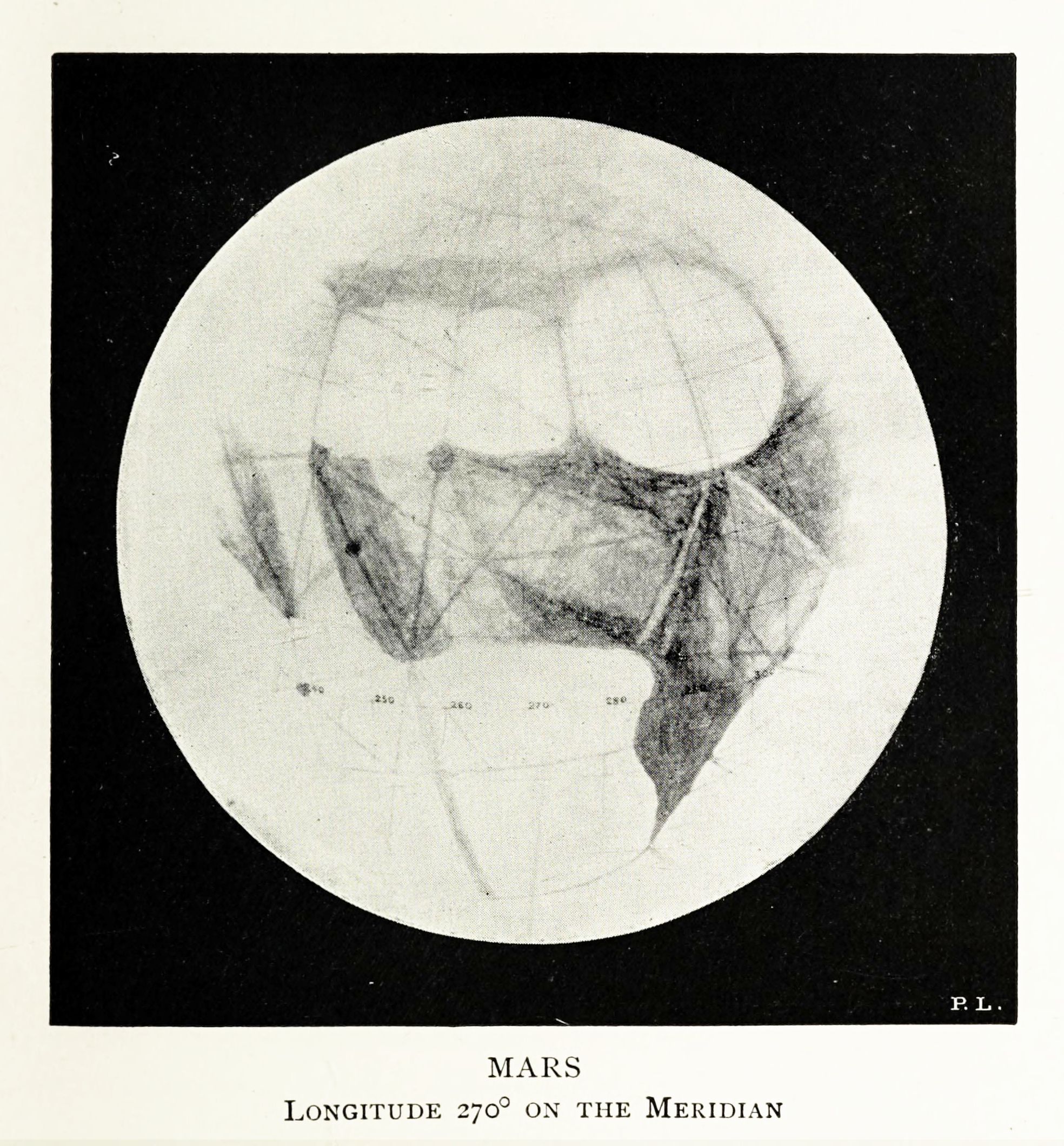 A black and white drawing of Mars, showing longitude 270° on the meridian, with dark canals and light highlands.