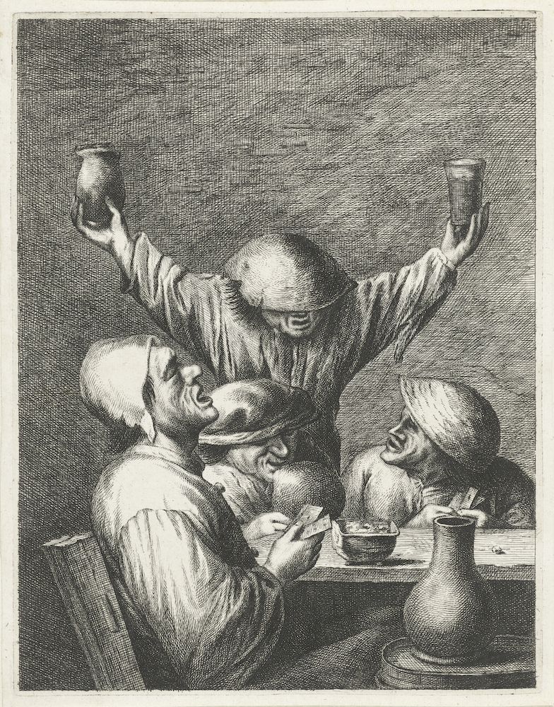A black and white etching depicting four men gathered around a table, enjoying a meal. The central figure is raising two pitchers, while the others are eating or drinking. The style is reminiscent of Rembrandt's work, with strong contrasts between light and shadow.