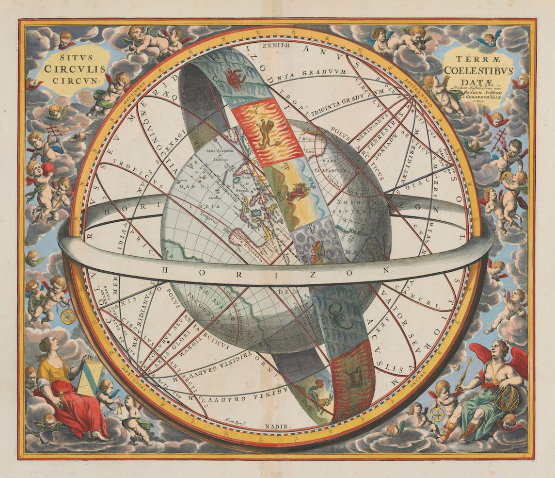 Antique celestial globe map with allegorical figures and Latin text.