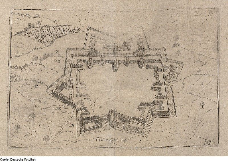 Antique sketch of a castle with towers, walls, and a moat, surrounded by a landscape with hills and trees.