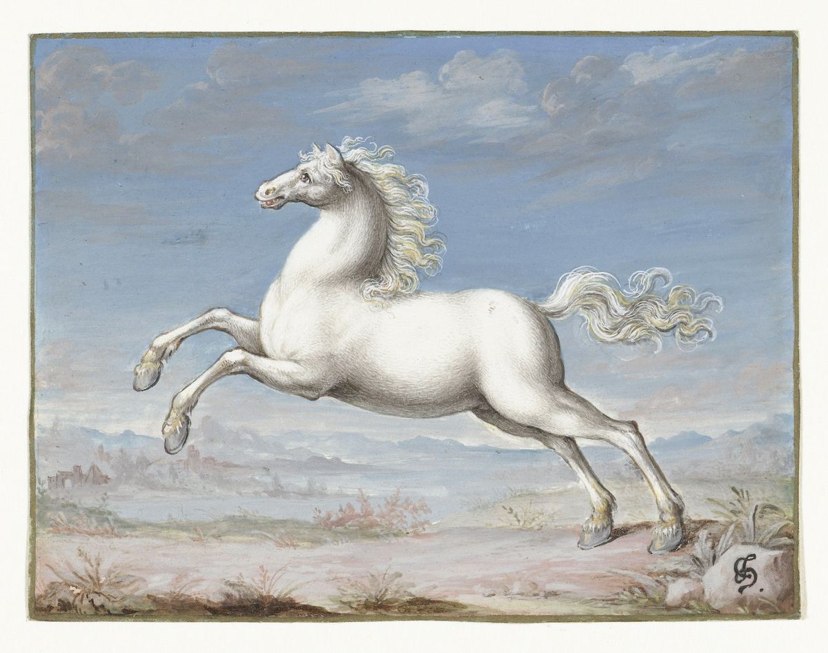 A drawing of a white horse leaping in a landscape with mountains and a cloudy sky.