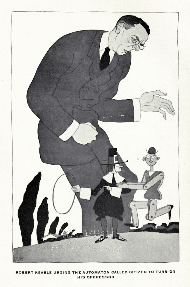 Black and white illustration of a large man urging a small automaton to rebel against its oppressor.