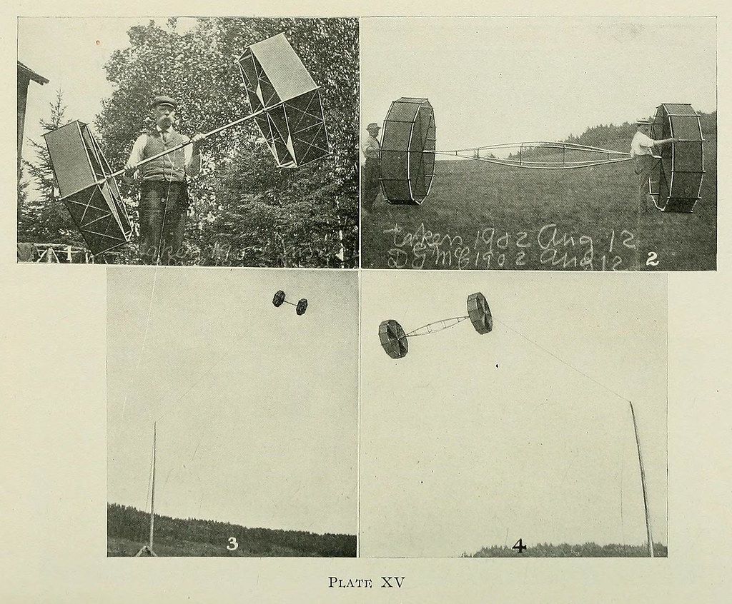 A vintage photograph divided into four panels, documenting a sequence of an early flying machine attempt.