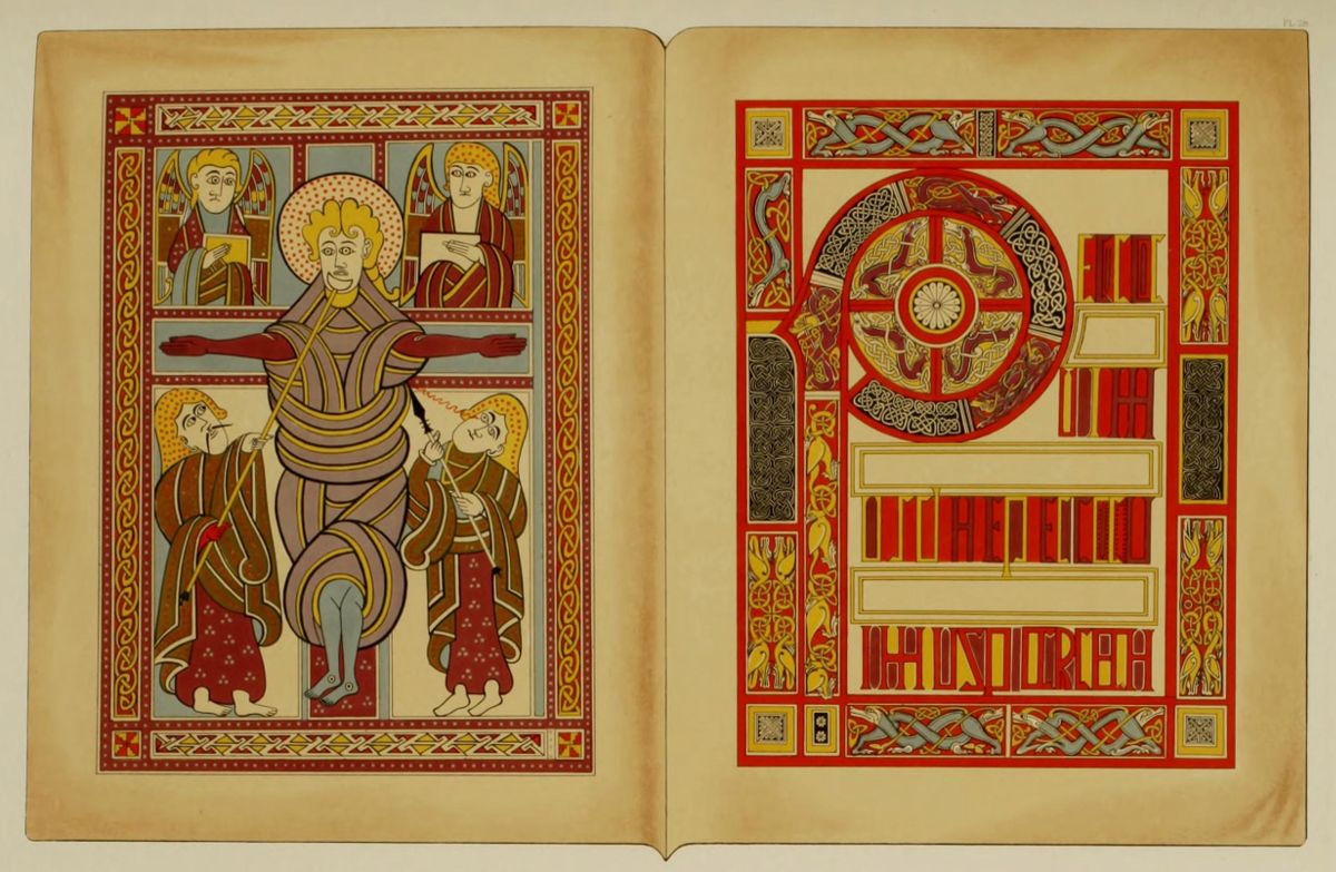 An open page spread from a medieval manuscript, featuring an illuminated illustration on the left page and a decorative pattern on the right page.