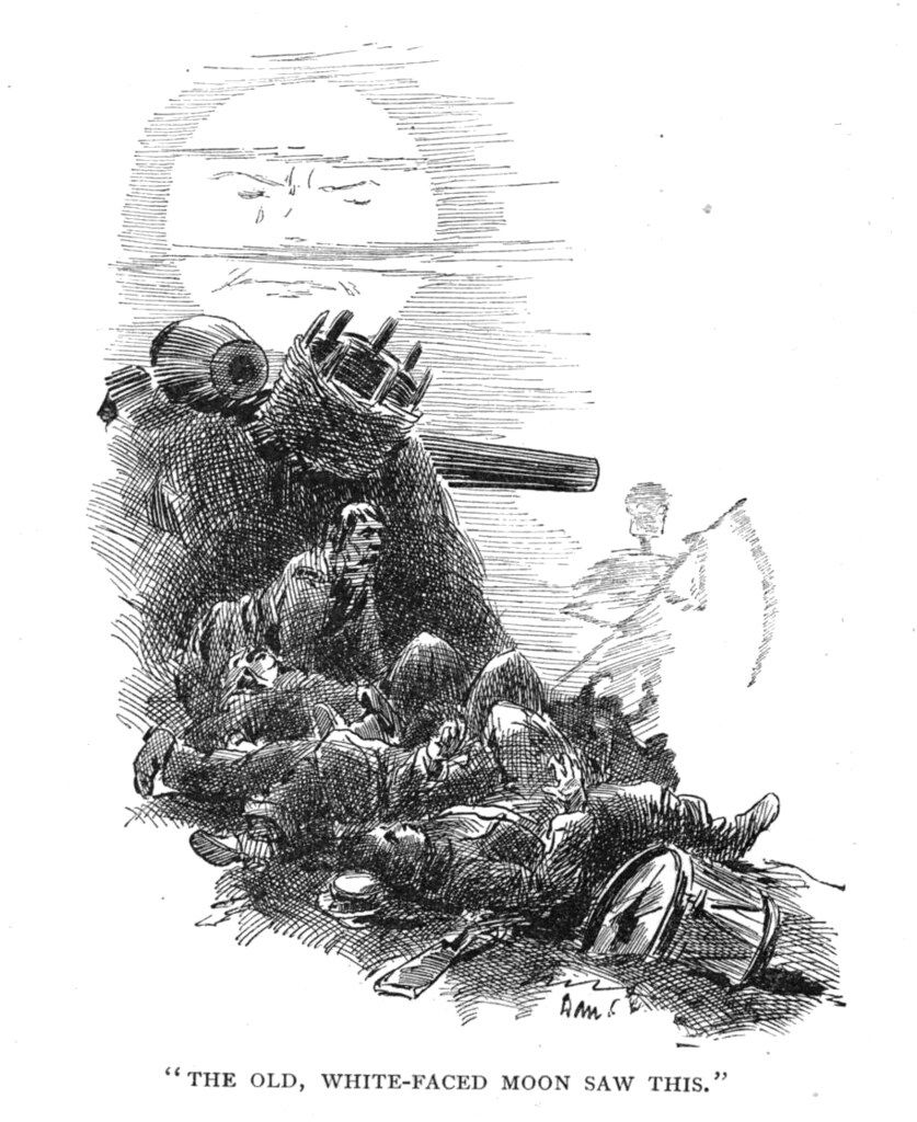 A black and white illustration depicting a damaged tank surrounded by fallen soldiers, with a skeletal figure representing Death observing the scene. The moon is faintly visible above.