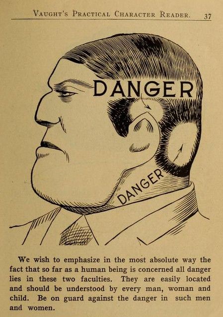 Vintage illustration of a man with "DANGER" signs overlaid on his forehead and cheek, accompanied by text warning of potential dangers in individuals.