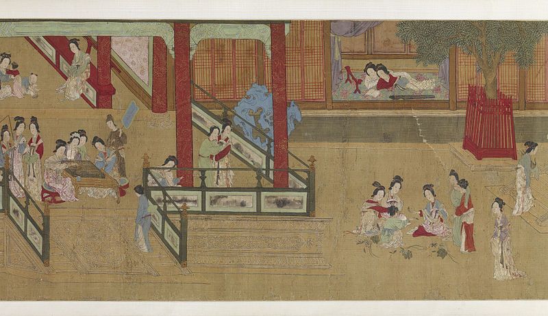 A horizontal painting depicting a scene within a traditional Japanese building, filled with numerous figures, primarily women, engaged in various activities.