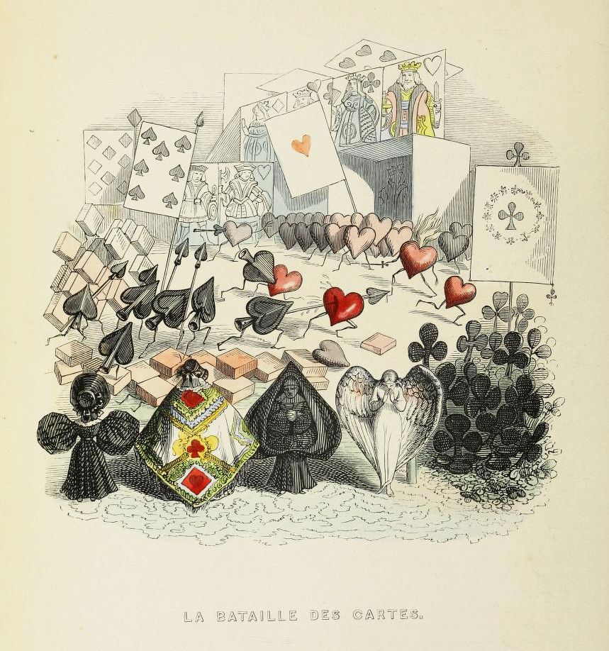 Vintage illustration of a battle scene with playing cards, titled "La Bataille des Cartes".