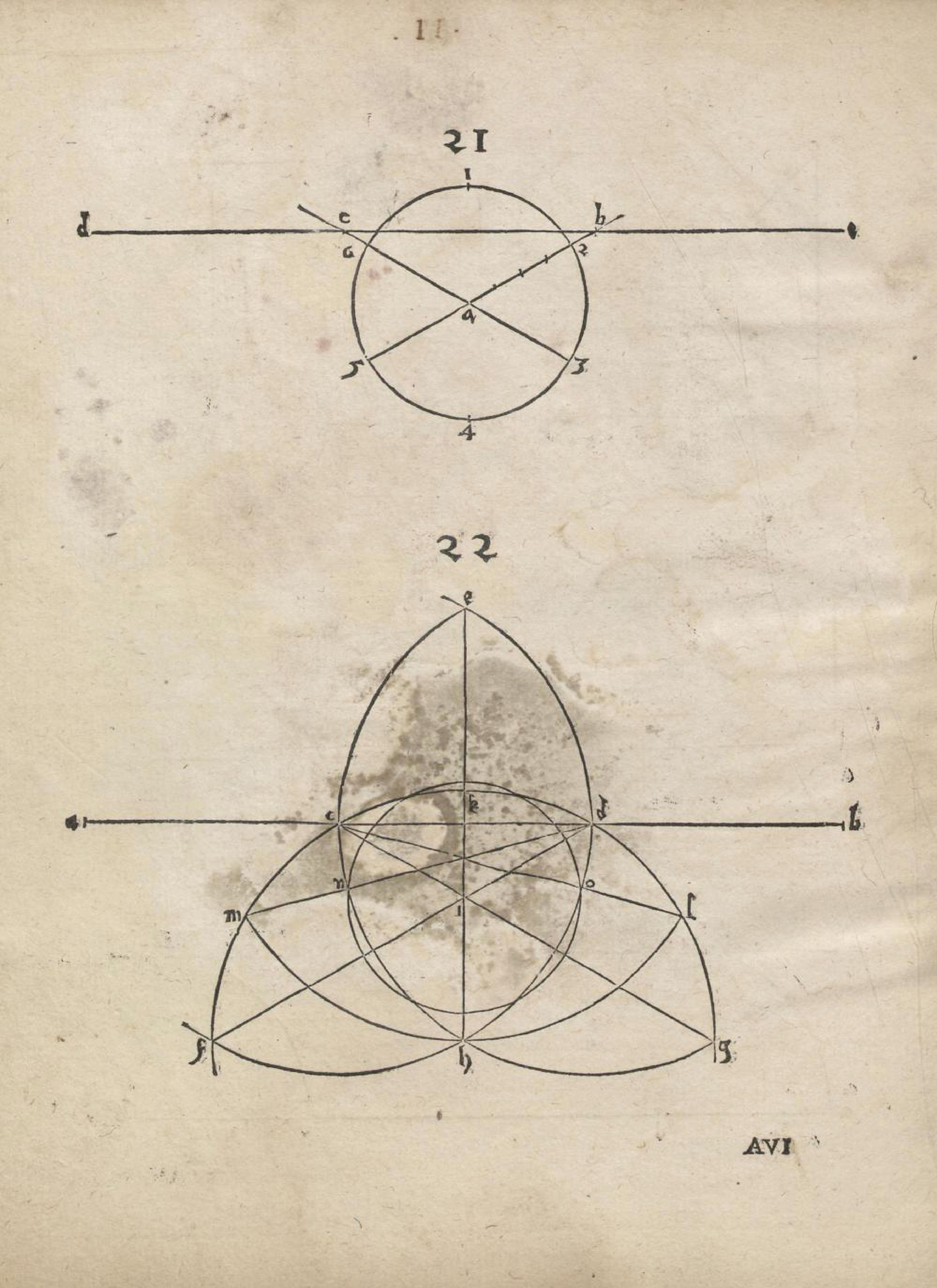 A page from an old book with two geometric diagrams. The top diagram (21) shows a central circle with four inscribed circles. The bottom diagram (22) is more complex, featuring a large circle, a smaller circle, and intersecting lines and curves.