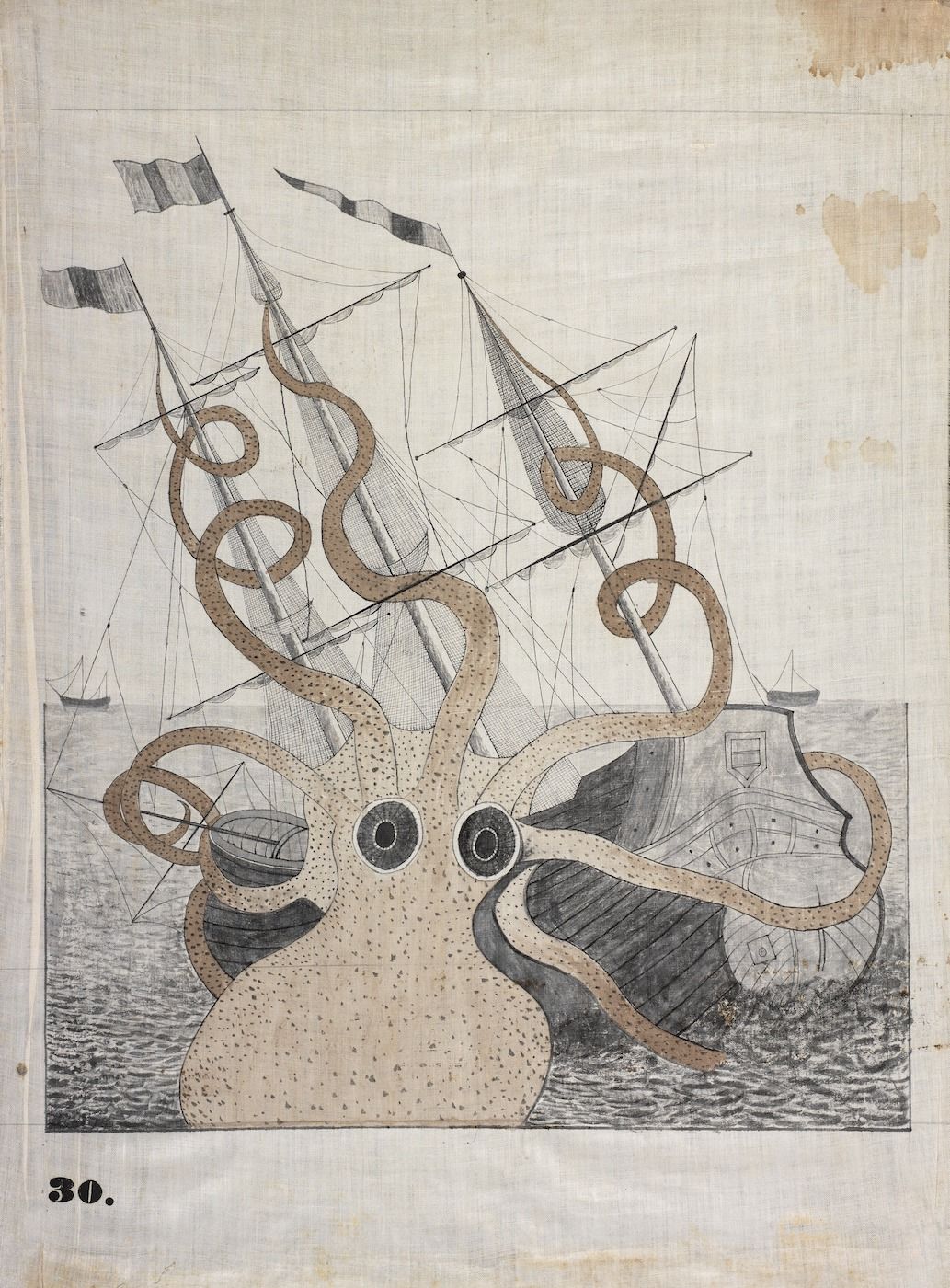 Vintage illustration of a giant octopus attacking two sailing ships at sea.