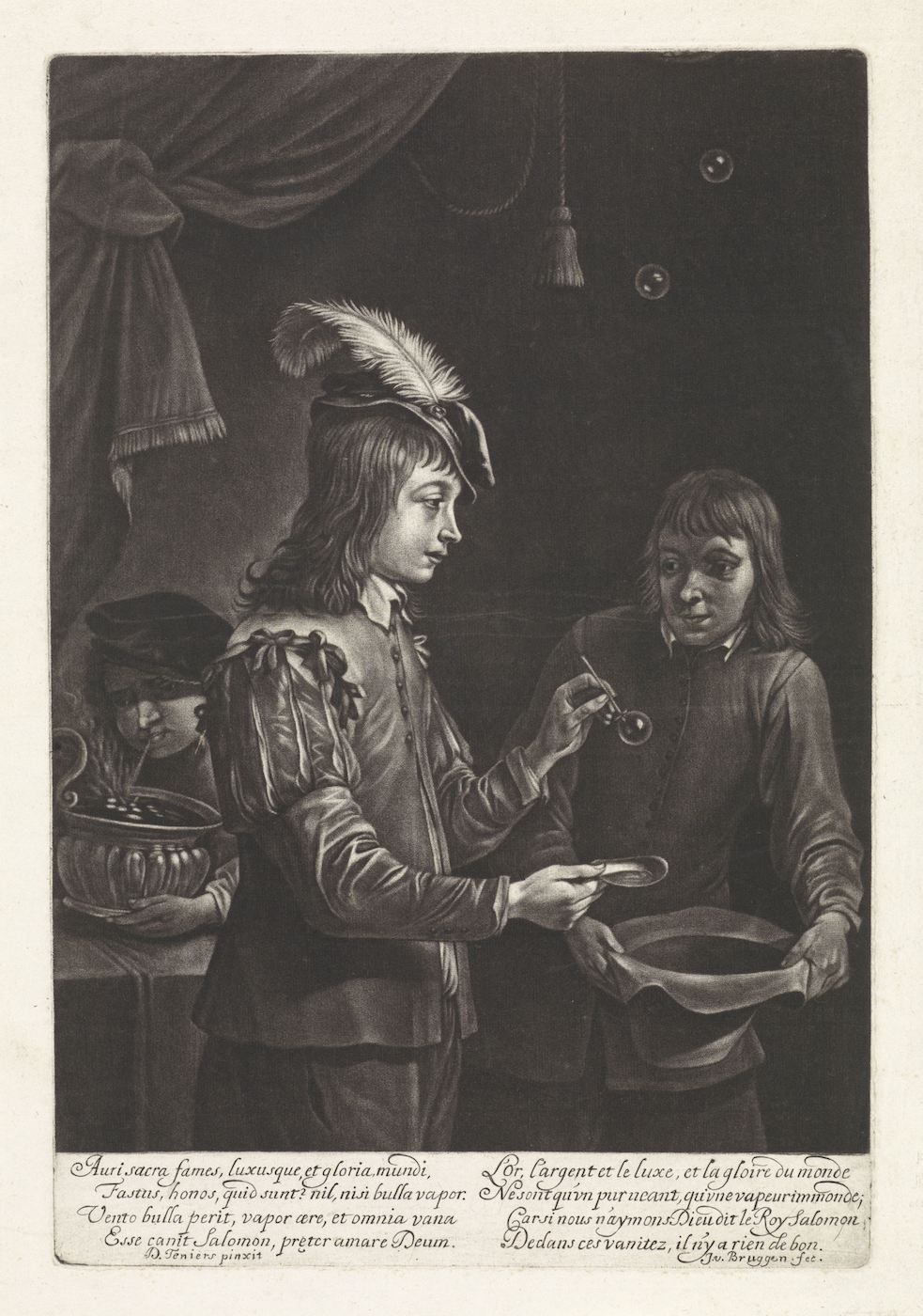 A black and white engraving depicting a scene with two men. An older man with a long beard is handing a small object to a younger man. They are standing near a table with a book on it. The background is dark and includes a curtain and a wall. There is text in Latin and French below the image.