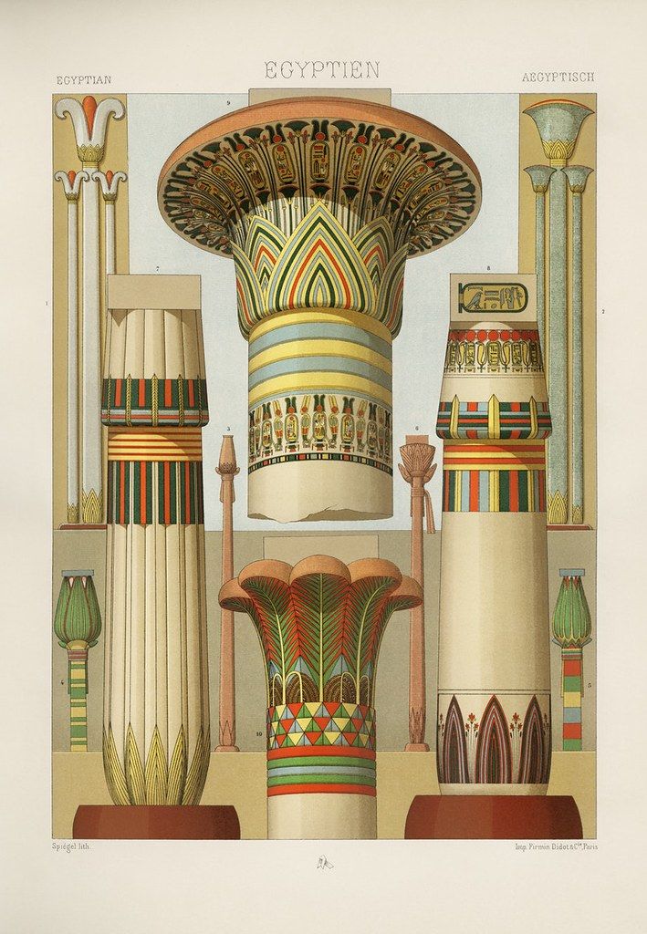 Vintage illustration of Egyptian architectural elements, including columns with papyrus and lotus capitals, detailed hieroglyphs, and colorful geometric patterns.