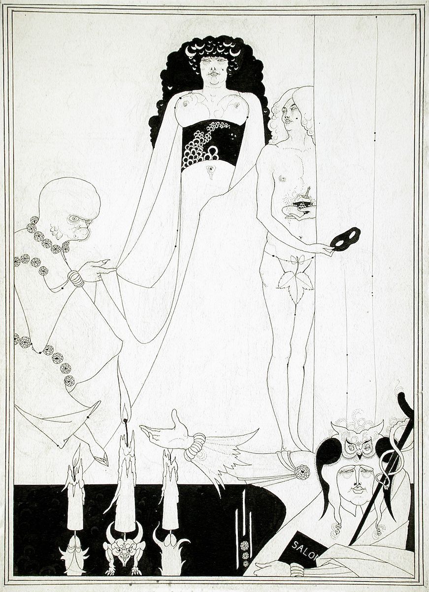 A black and white illustration featuring a tall woman with a moon-themed hairstyle, a man holding a plate and mirror, and a row of ram heads below. An owl and a sign reading 'SALON' are also present.