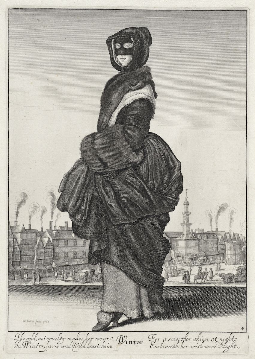 A black and white engraving of a woman in winter clothing standing in front of a cityscape.
