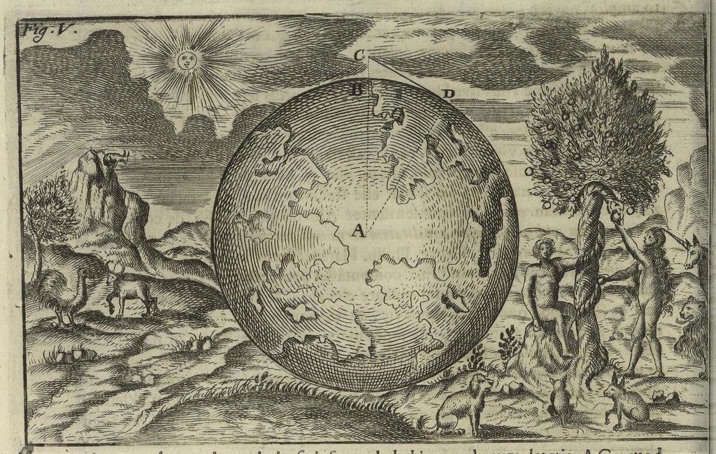 Vintage engraving of a globe with sun, mountains, tree, people, and animals, labeled with letters A, B, C, and D.