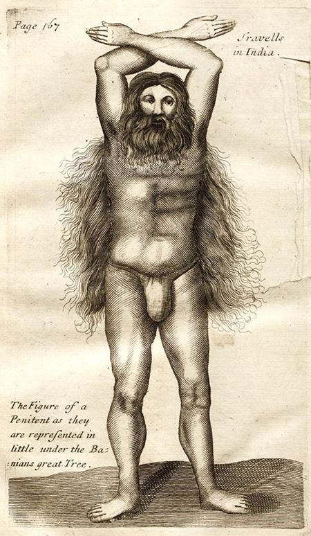 Vintage engraving of a nude man with long hair and beard, arms raised, in a historical or anthropological context.