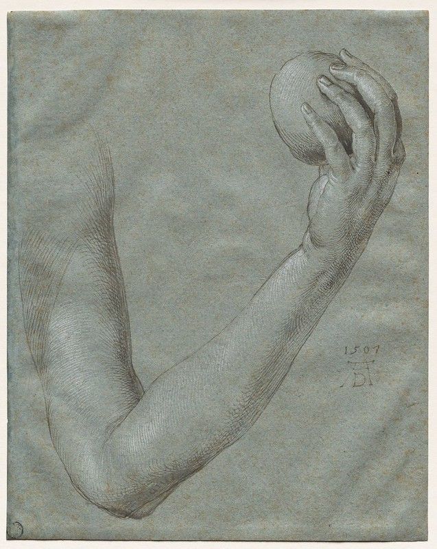 Drawing of a right arm and hand holding a sphere, signed and dated '1507'.