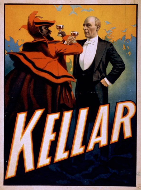 Vintage poster featuring a jester and a formally dressed man toasting with glasses, with the name 'KELLAR' in large orange letters at the bottom.