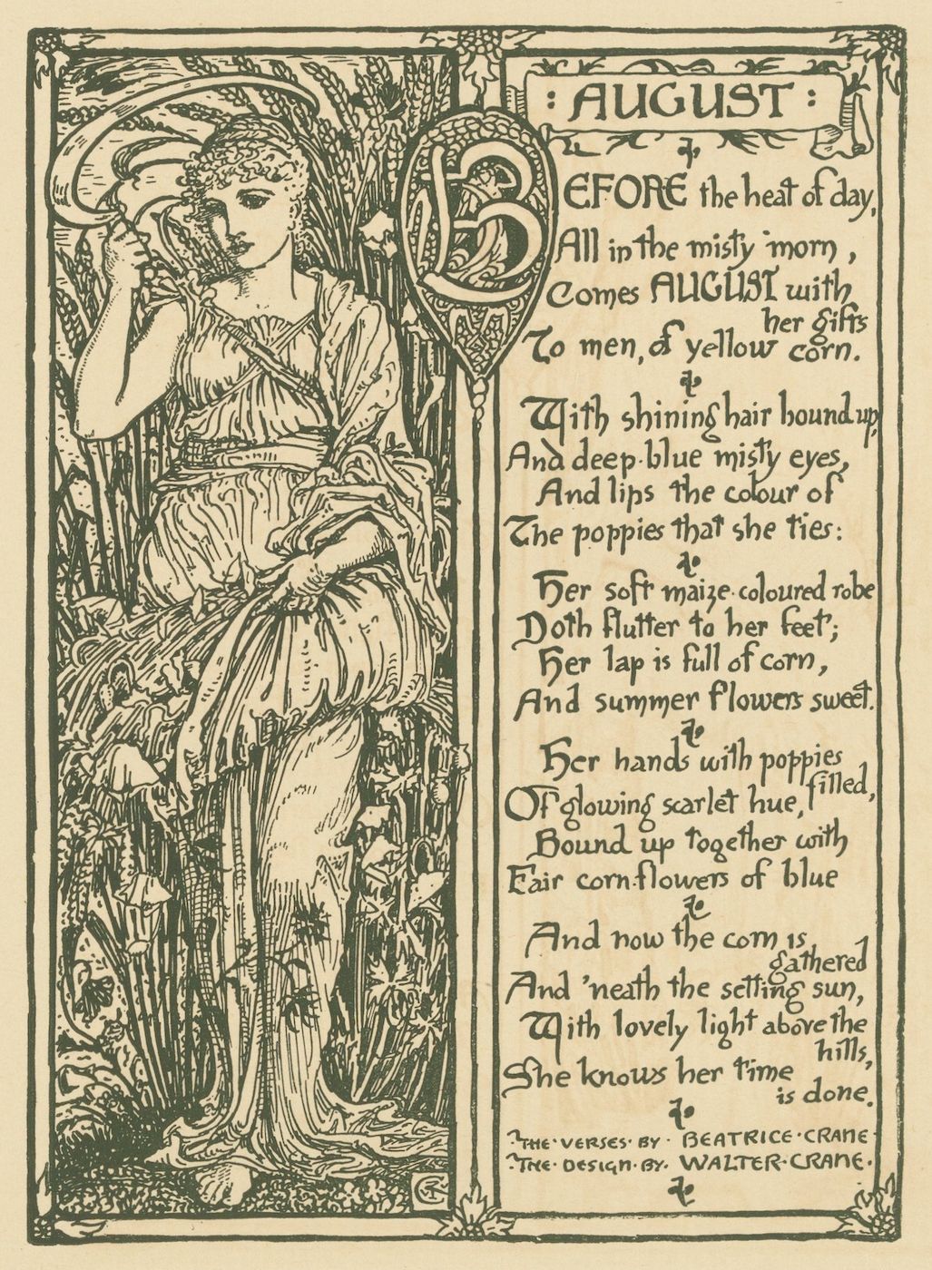 Vintage illustration of a woman holding corn and flowers, titled 'August', with poetic verses and an ornate border.