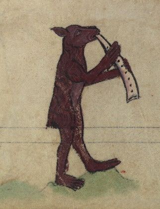 A dark-colored, humanoid animal playing a long, curved wind instrument against a muted green background.