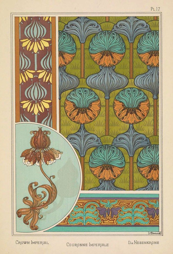 A plate from a design book showcasing three variations of a floral pattern called "Crown Imperial". The patterns are rendered in a style reminiscent of Art Nouveau, with flowing lines and stylized floral motifs. The color palette is rich and includes shades of turquoise, gold, brown, and beige.