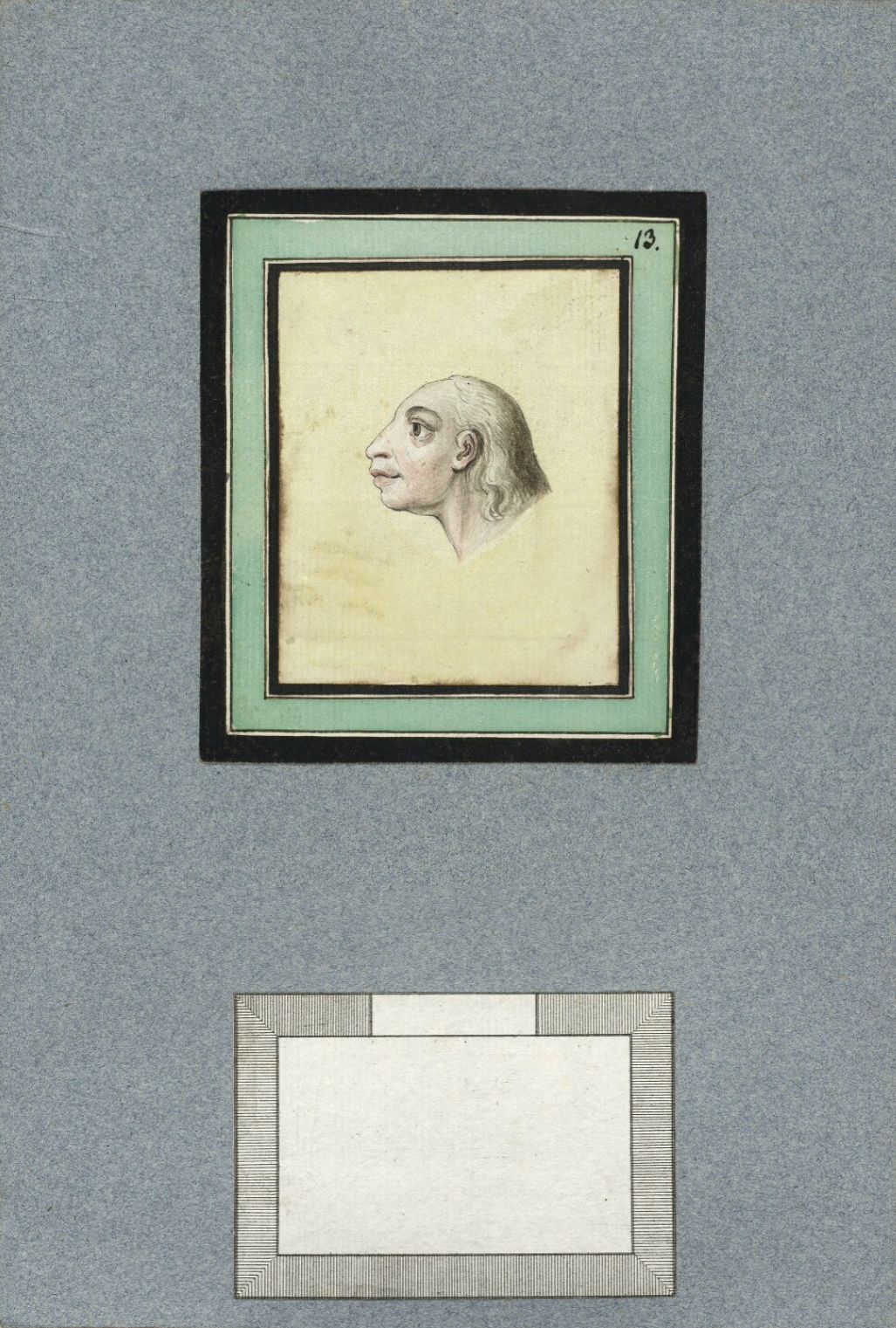 A vintage-style portrait of a man's head in profile, encased within a series of nested frames, with a blank rectangular space below.