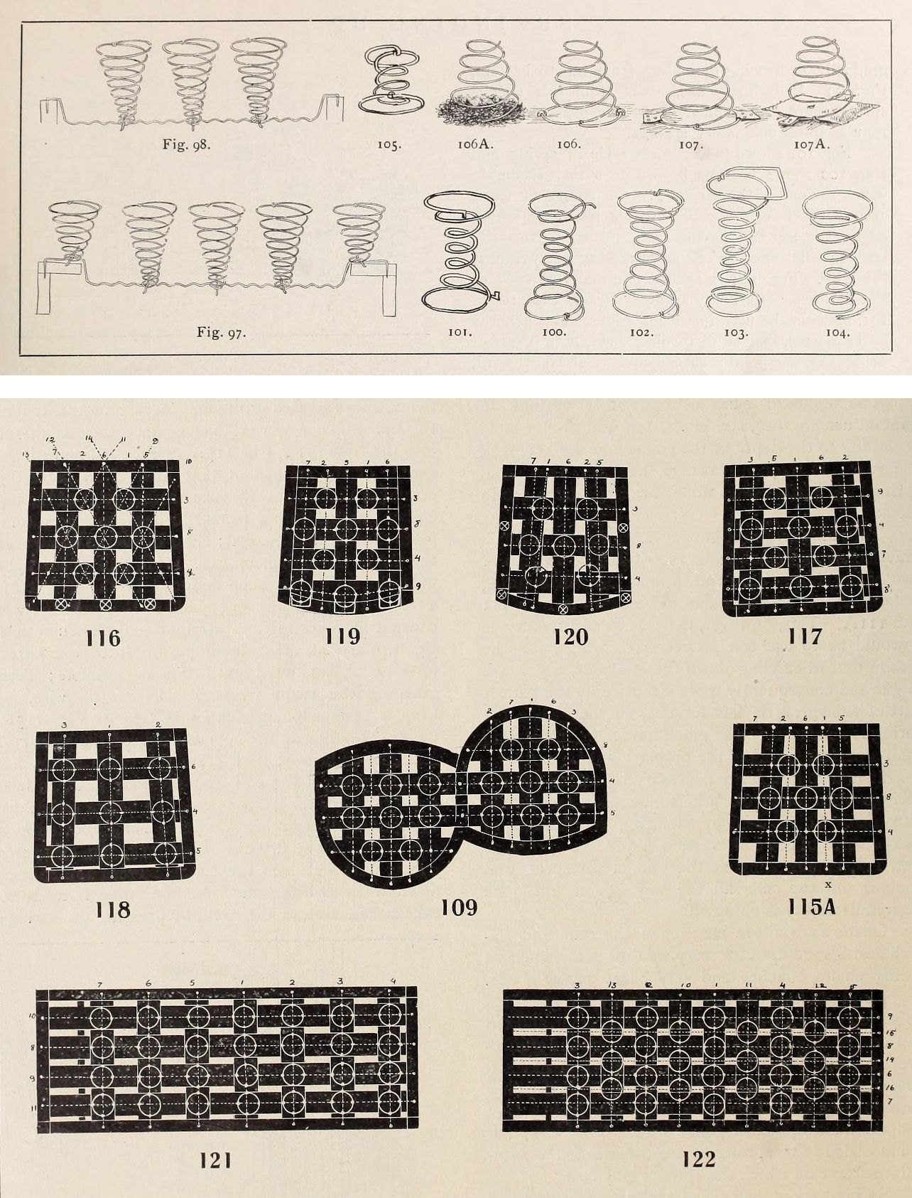 A composite image featuring diagrams of springs and checkerboard-like grids with arrangements of circles and 'X' marks.