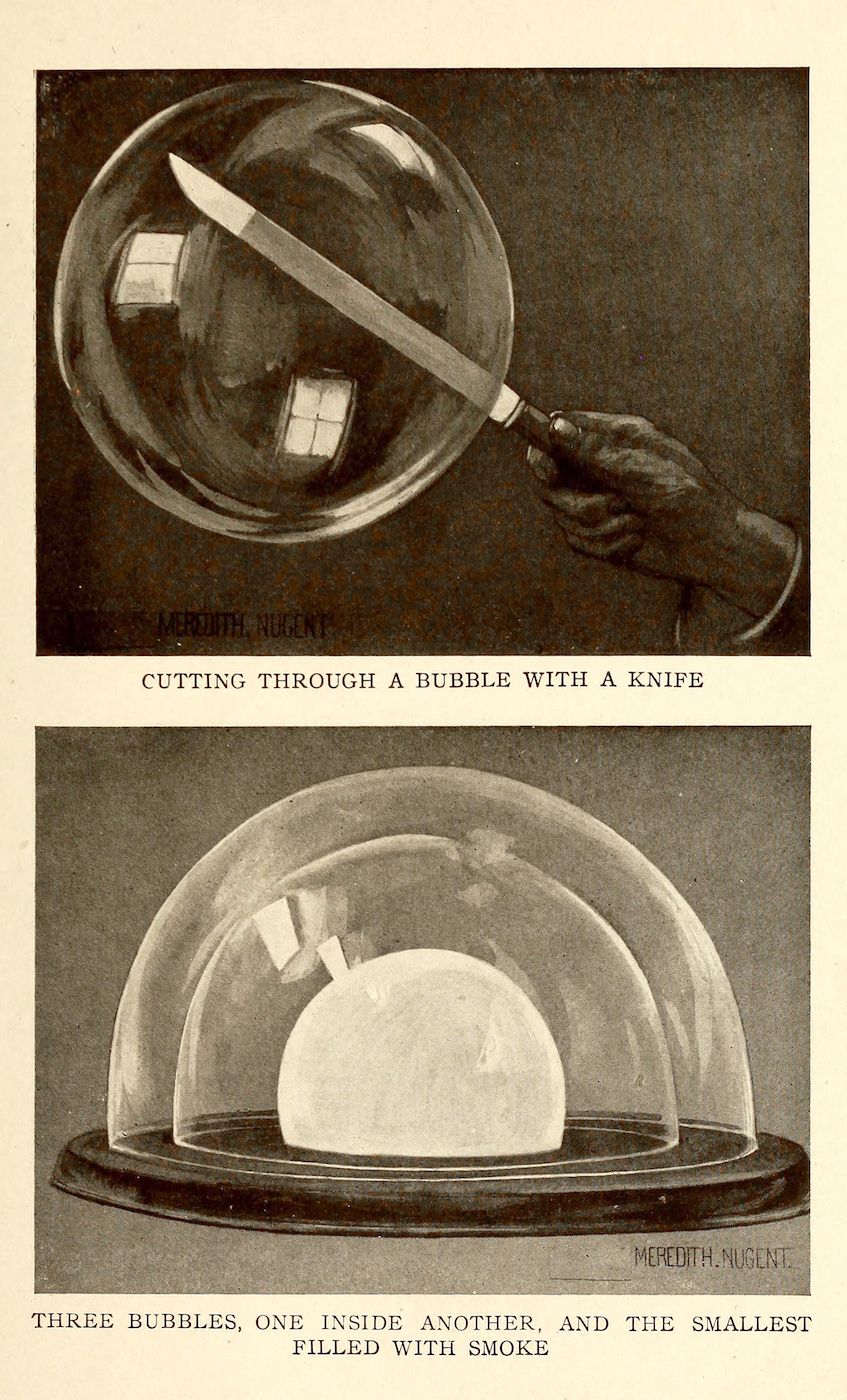 Two black and white photographs depicting soap bubbles and smoke.