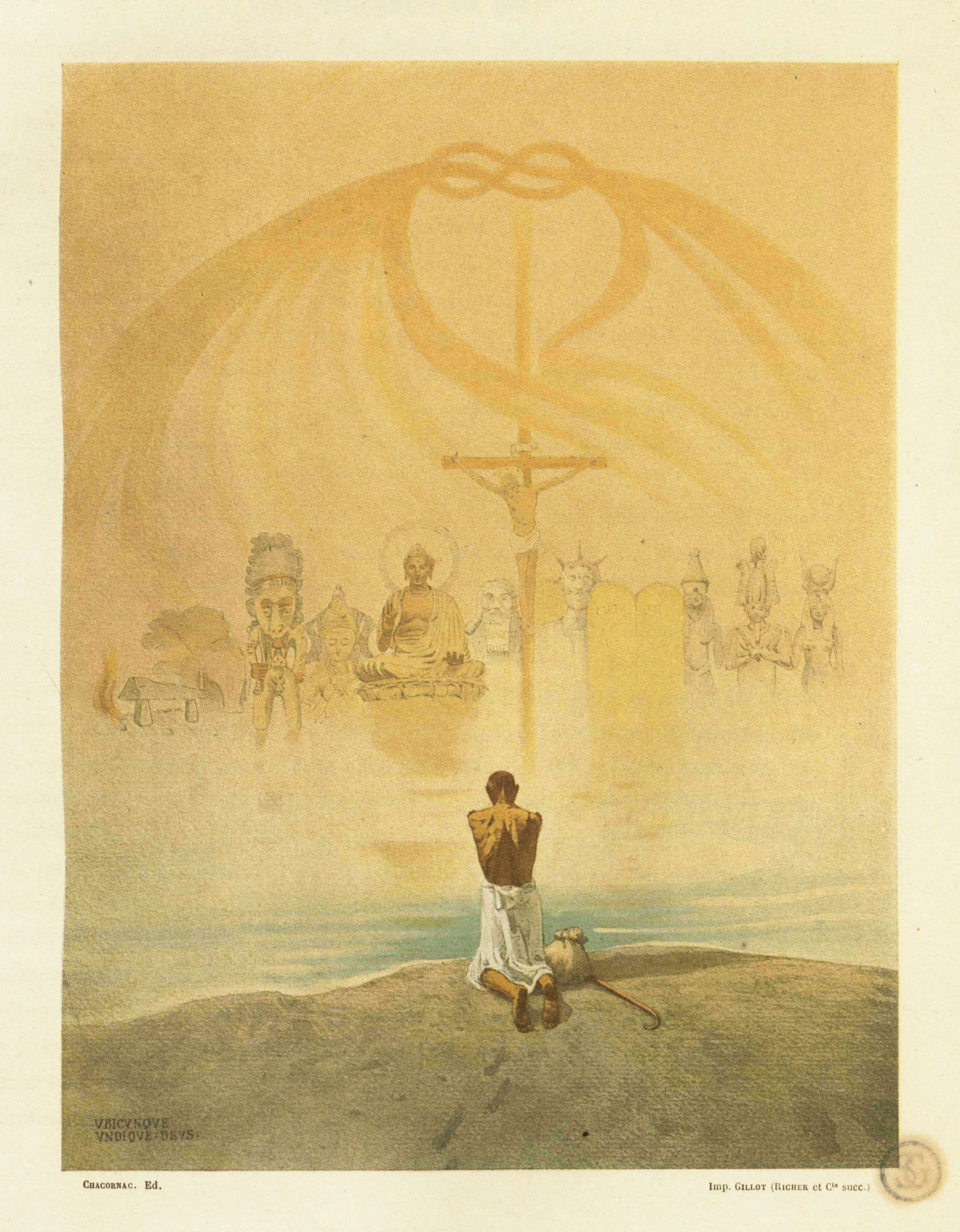 Vintage illustration of a man kneeling in prayer before a distant crucifixion scene.