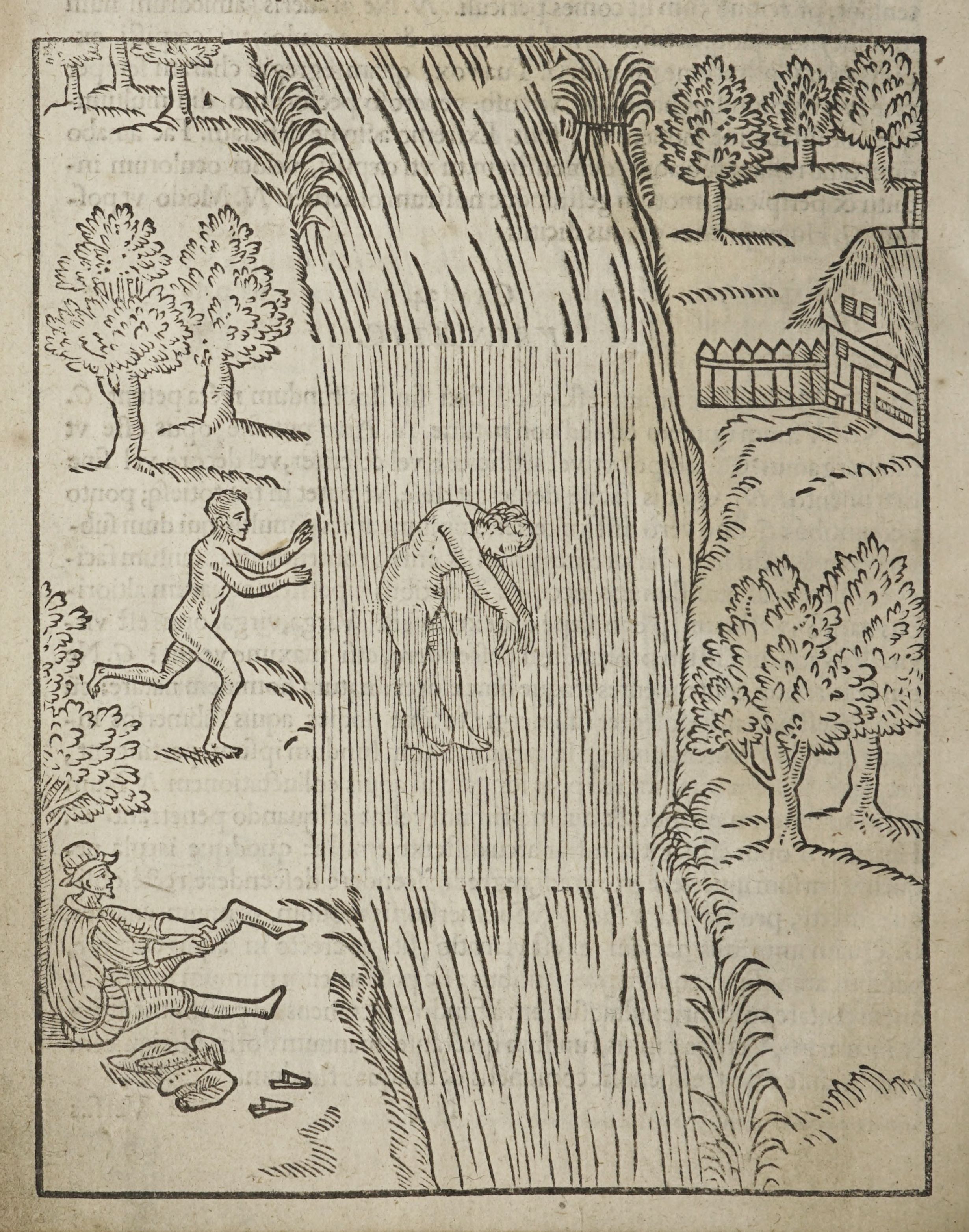 Vintage woodcut illustration of a chase scene with three figures in a rural landscape.
