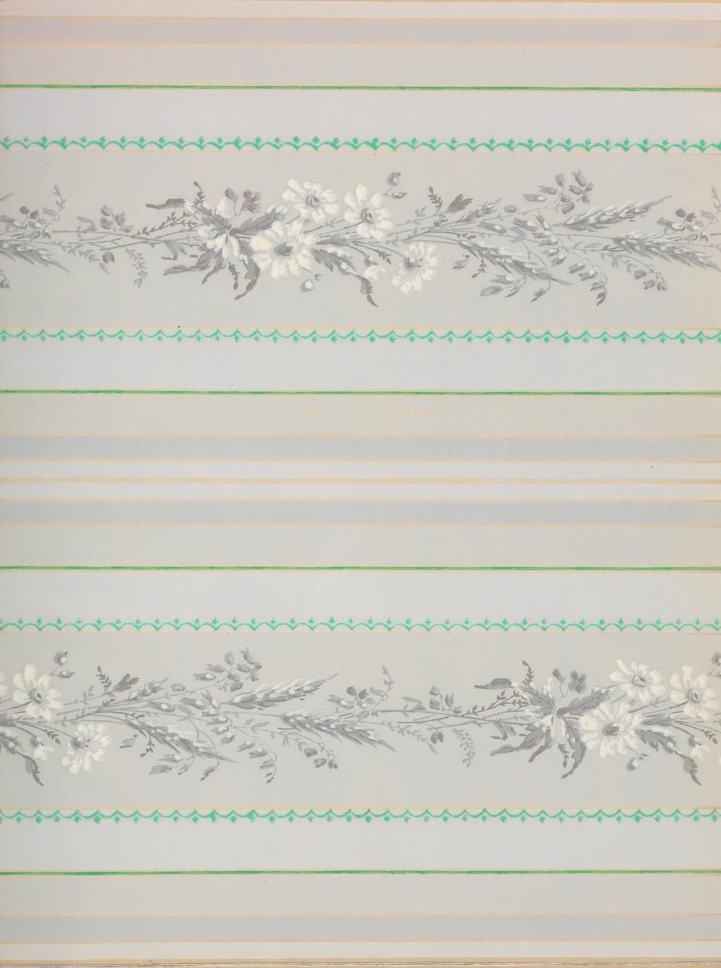 Close-up of vintage wallpaper with floral pattern and stripes.