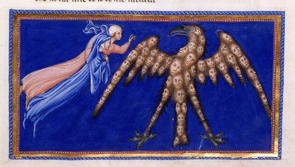 Medieval manuscript illumination depicting a bird-like creature with wings made of human heads, and a human figure reaching towards it.