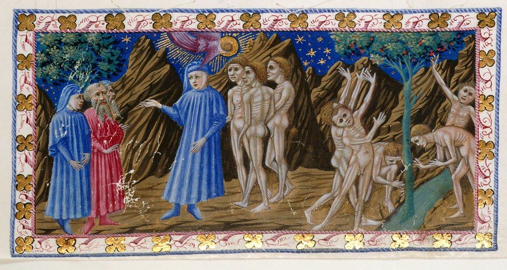 A medieval illustration depicting a scene with two figures shaking hands on the left and a group of emaciated figures on the right, set in a rocky landscape with a starry sky.